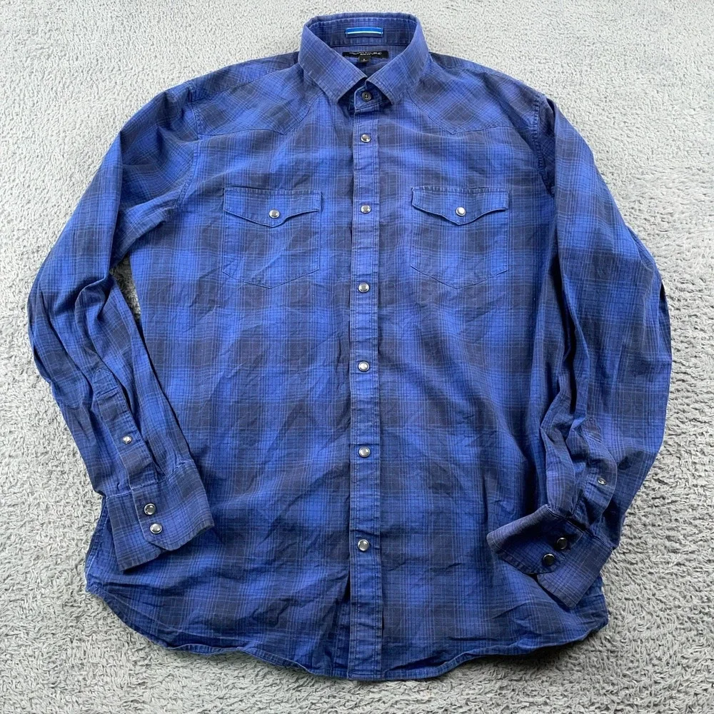 Banana Republic Shirt Mens Large Blue Pearl Snap Plaid Slim Fit Western